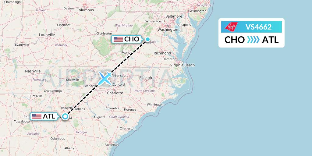 VS4662 Virgin Atlantic Airways Flight Map: Charlottesville to Atlanta