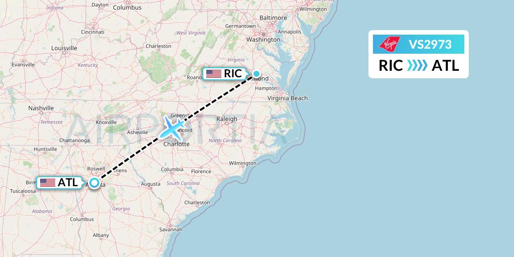 VS2973 Virgin Atlantic Airways Flight Map: Richmond to Atlanta