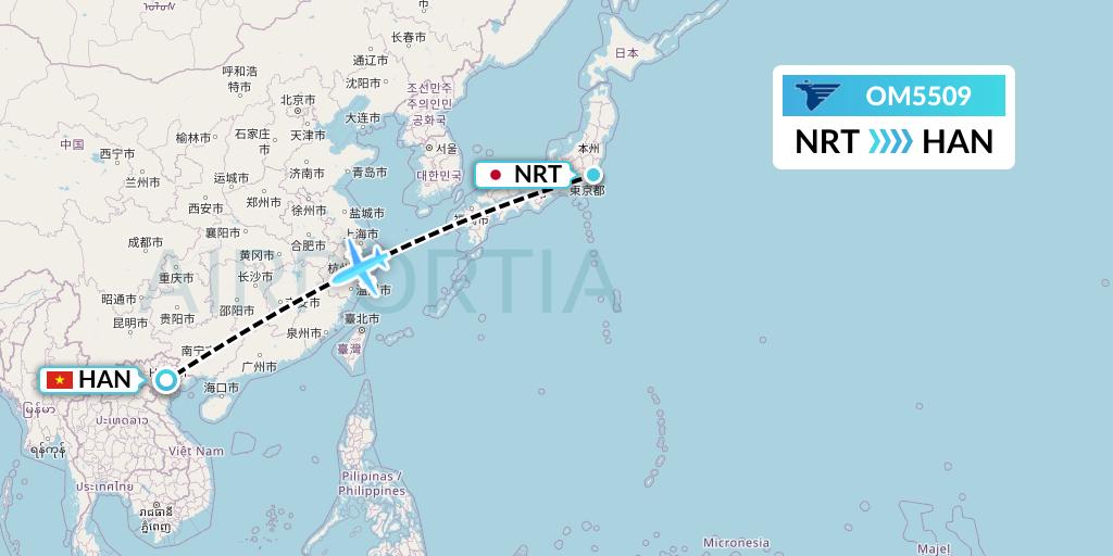 OM5509 MIAT Mongolian Airlines Flight Map: Tokyo to Hanoi