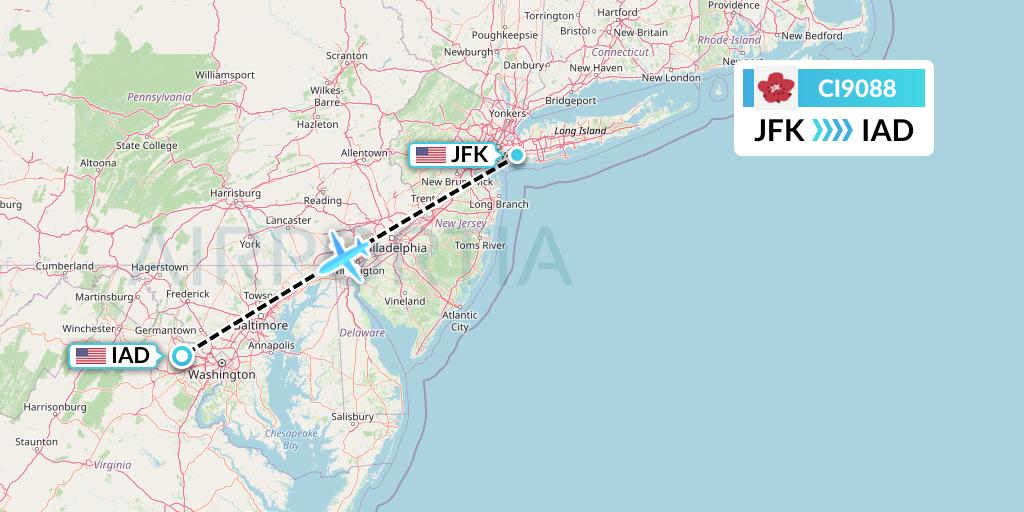 CI9088 China Airlines Flight Map: New York to Washington