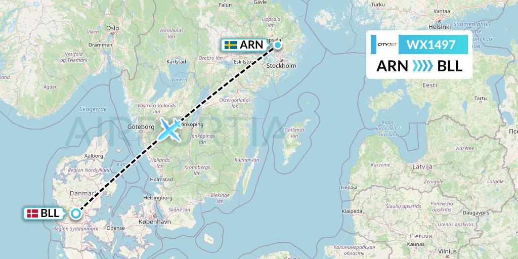 WX1497 Cityjet Flight Map: Stockholm to Billund