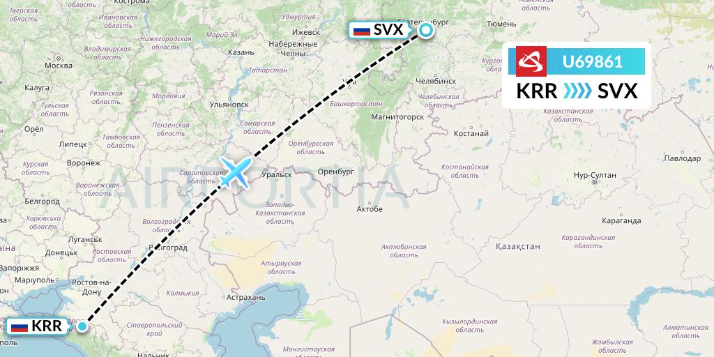 U69861 Ural Airlines Flight Map: Krasnodar to Yekaterinburg