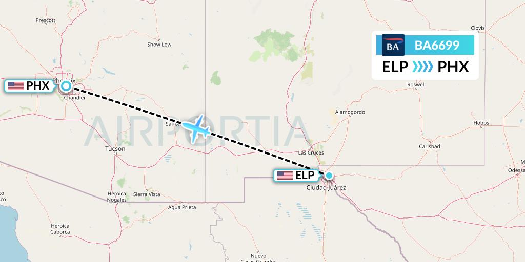 BA6699 British Airways Flight Map: El Paso to Phoenix