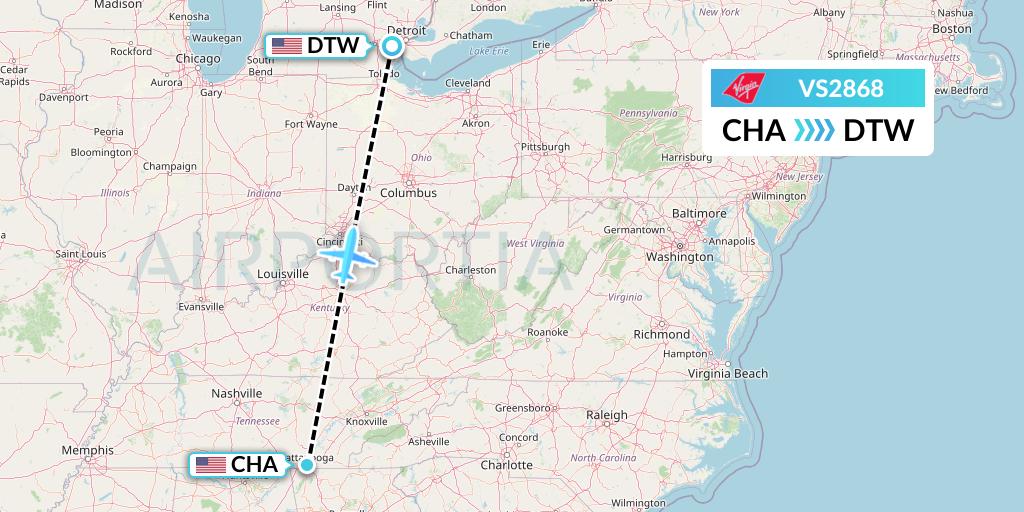 VS2868 Virgin Atlantic Airways Flight Map: Chattanooga to Detroit