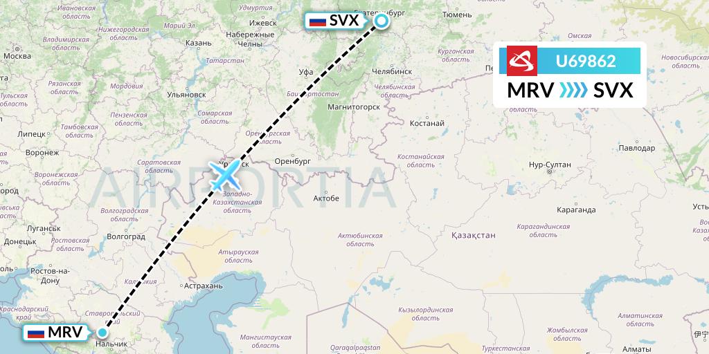 U69862 Ural Airlines Flight Map: Mineralnye Vody to Yekaterinburg