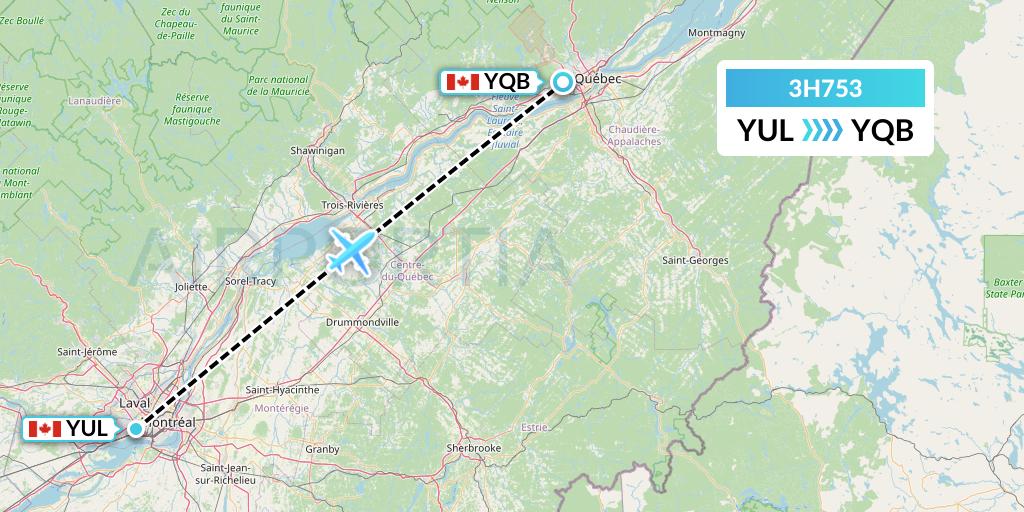 3H753 Air Inuit Flight Map: Montreal to Quebec