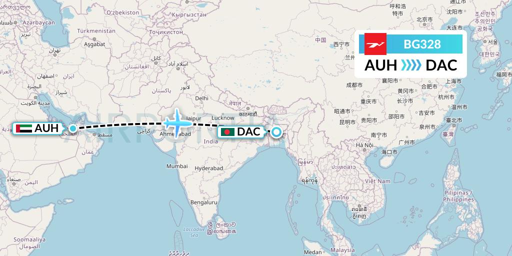 BG328 Biman Bangladesh Airlines Flight Map: Abu Dhabi to Dhaka