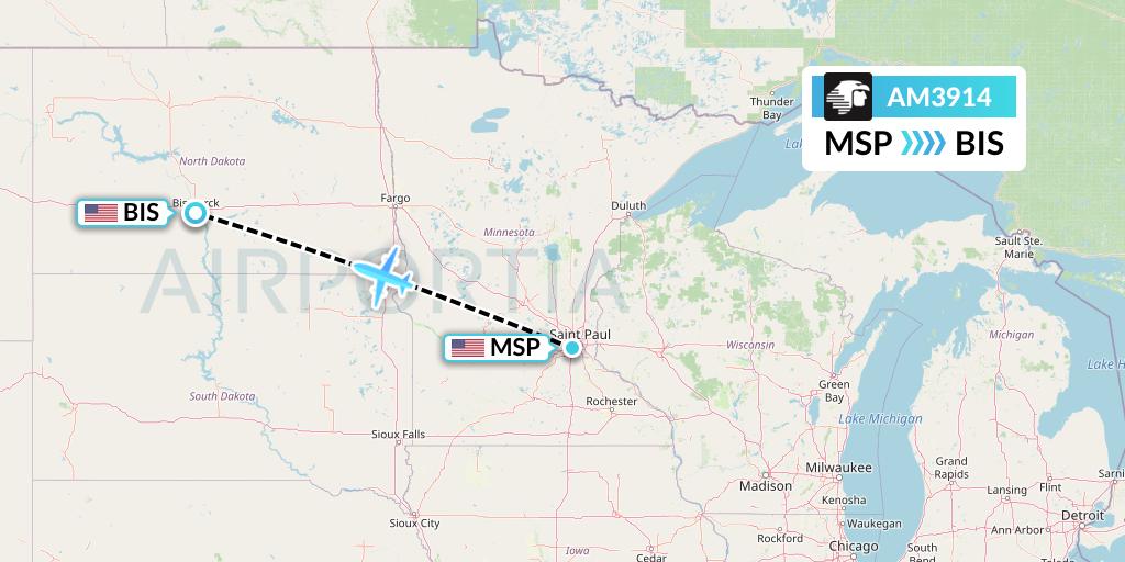 AM3914 Aeromexico Flight Map: Minneapolis to Bismarck