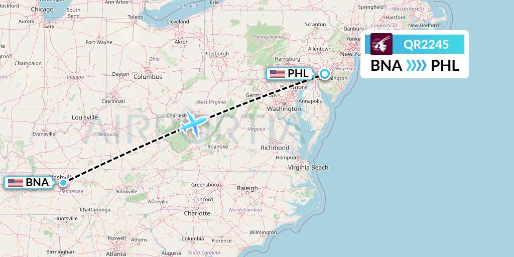 QR2245 Qatar Airways Flight Map: Nashville to Philadelphia