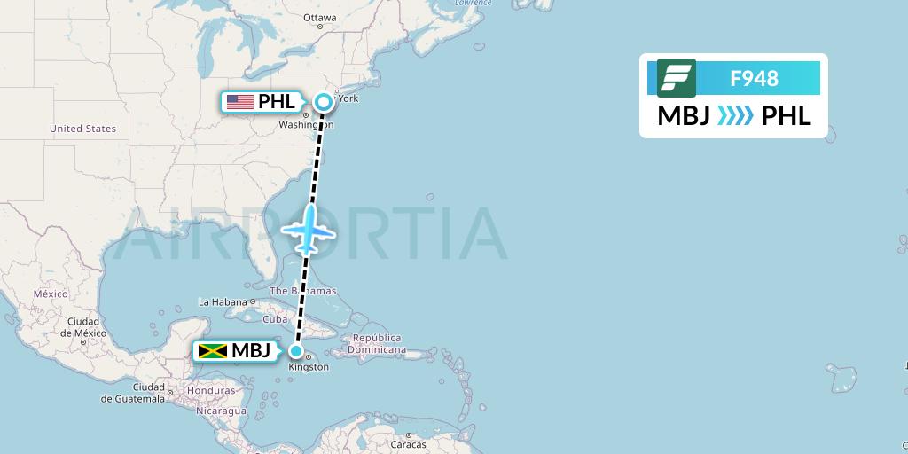 F948 Frontier Airlines Flight Map: Montego Bay to Philadelphia