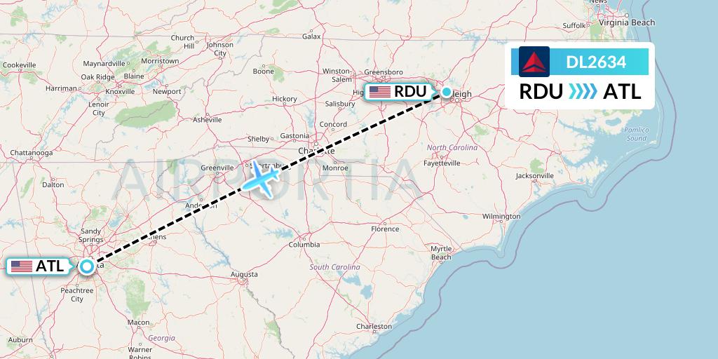 DL2634 Delta Air Lines Flight Map: Raleigh-Durham to Atlanta