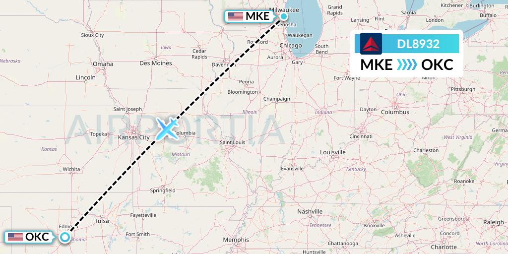 DL8932 Delta Air Lines Flight Map: Milwaukee to Oklahoma City