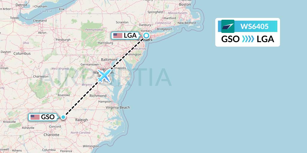 WS6405 WestJet Flight Map: Greensboro to New York