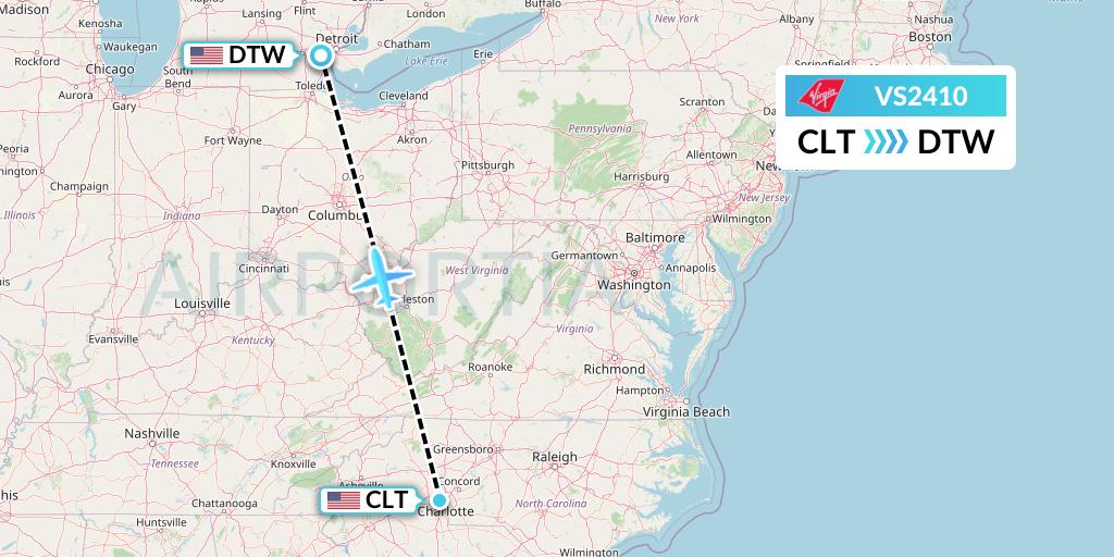 VS2410 Virgin Atlantic Airways Flight Map: Charlotte to Detroit