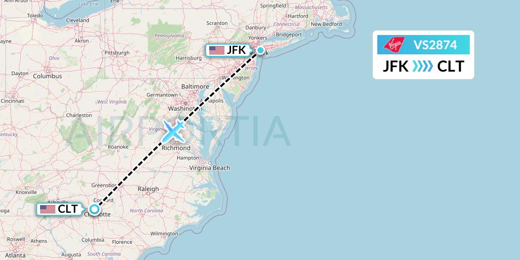 VS2874 Virgin Atlantic Airways Flight Map: New York to Charlotte