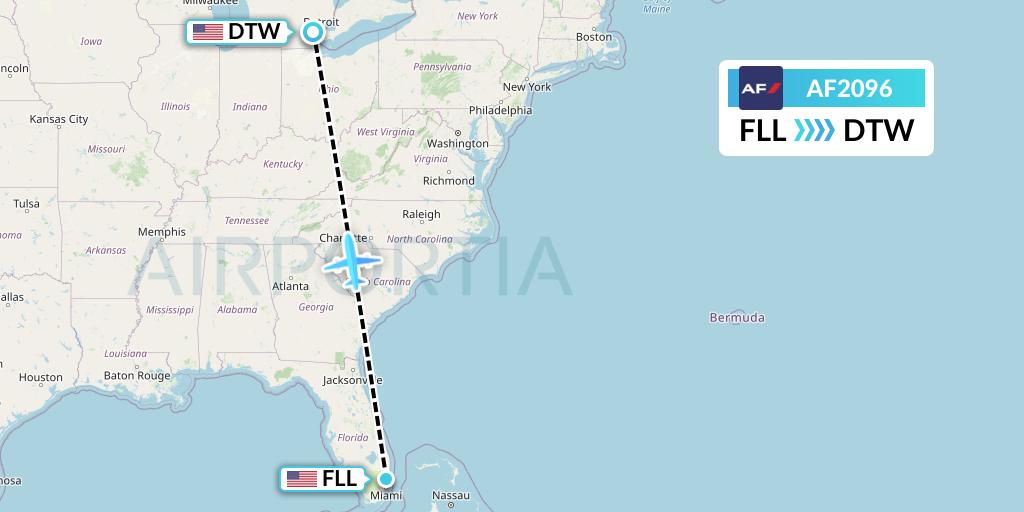 AF2096 Air France Flight Map: Fort Lauderdale to Detroit