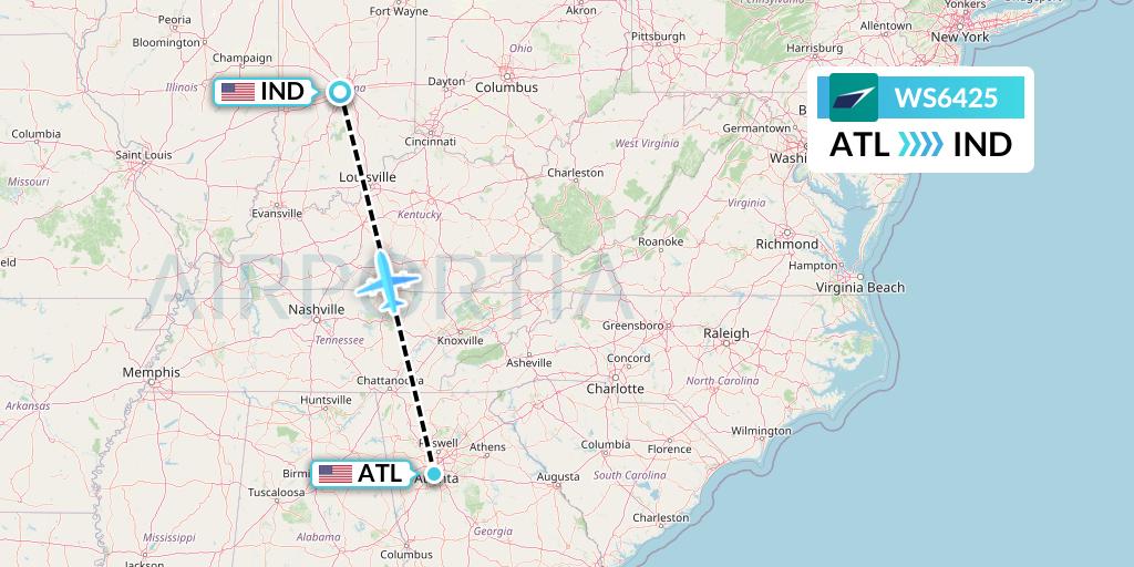 WS6425 WestJet Flight Map: Atlanta to Indianapolis