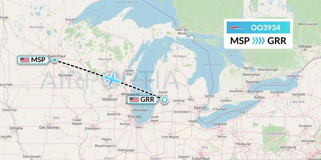 OO3934 SkyWest Airlines Flight Map: Minneapolis to Grand Rapids