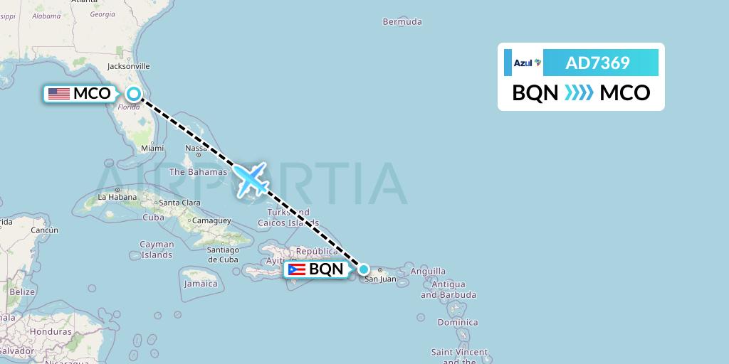 AD7369 Azul Brazilian Airlines Flight Map: Aguadilla to Orlando