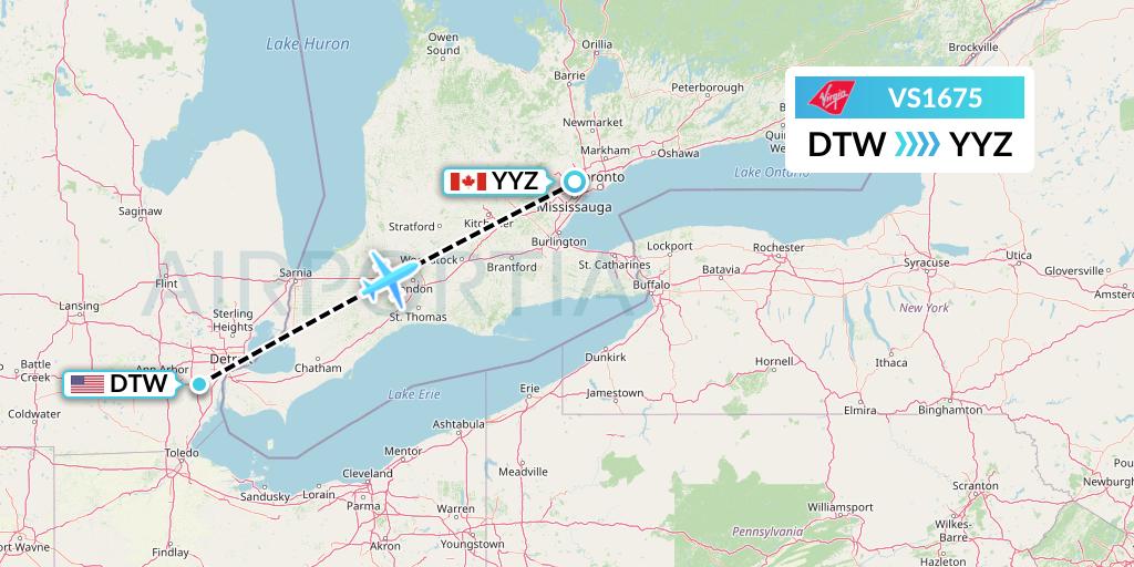 VS1675 Virgin Atlantic Airways Flight Map: Detroit to Toronto