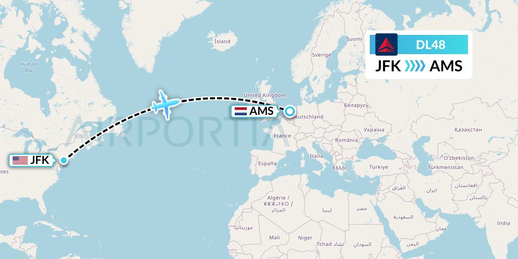 DL48 Delta Air Lines Flight Map: New York to Amsterdam