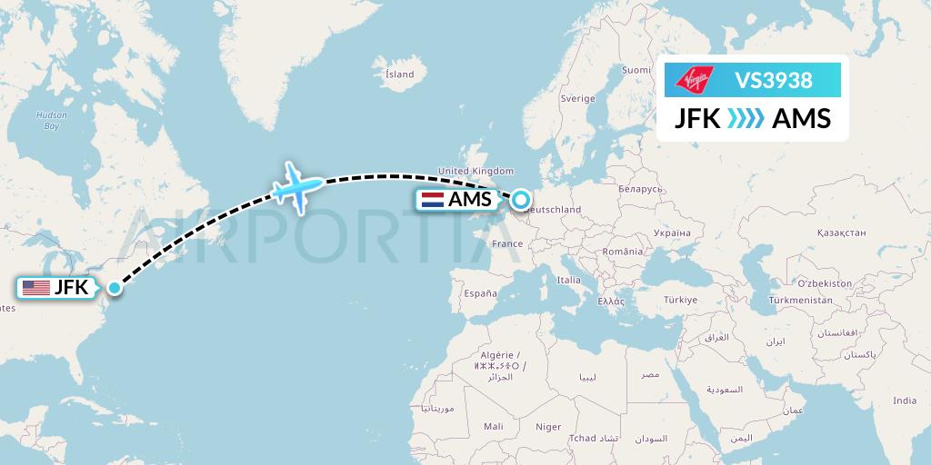 VS3938 Virgin Atlantic Airways Flight Map: New York to Amsterdam