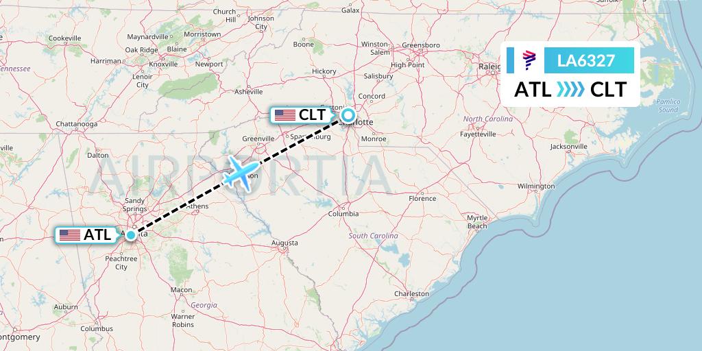 LA6327 LAN Airlines Flight Map: Atlanta to Charlotte