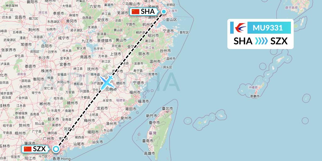 MU9331 China Eastern Airlines Flight Map: Shanghai to Shenzhen