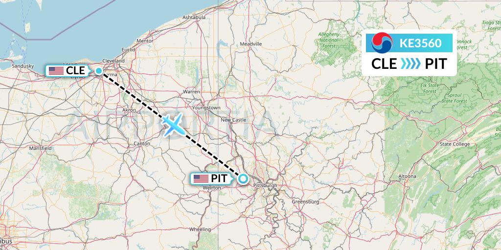 KE3560 Korean Air Flight Map: Cleveland to Pittsburgh
