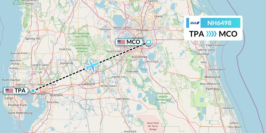 NH6498 All Nippon Airways Flight Map: Tampa to Orlando