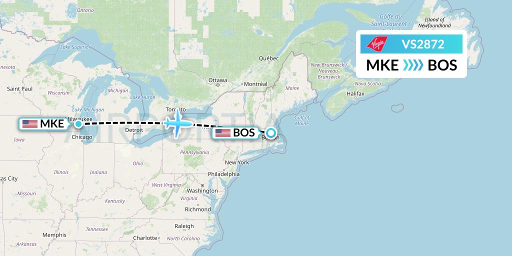 VS2872 Virgin Atlantic Airways Flight Map: Milwaukee to Boston