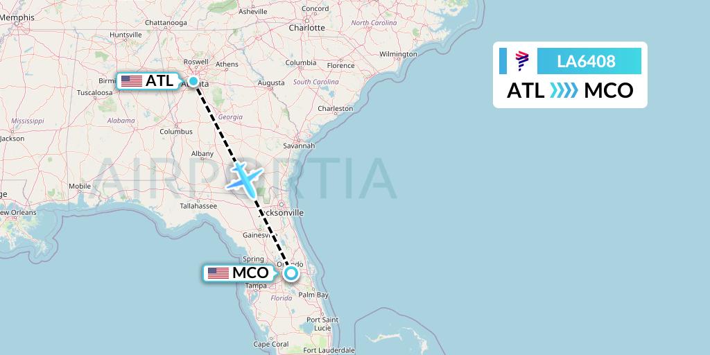 LA6408 LAN Airlines Flight Map: Atlanta to Orlando
