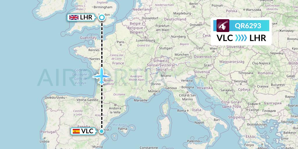QR6293 Qatar Airways Flight Map: Valencia to London
