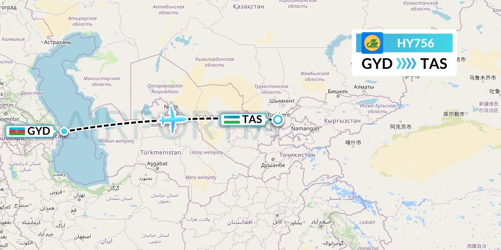 HY756 Uzbekistan Airways Flight Map: Baku to Tashkent