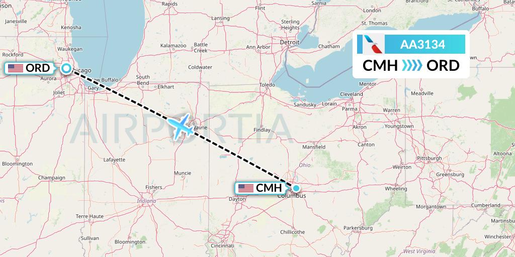 AA3134 American Airlines Flight Map: Columbus to Chicago