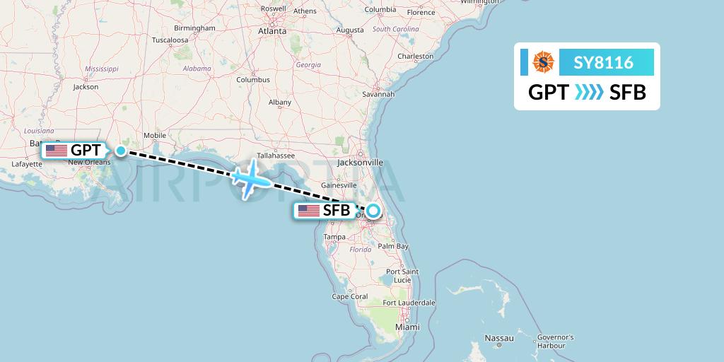 SY8116 Sun Country Airlines Flight Map: Gulfport to Orlando