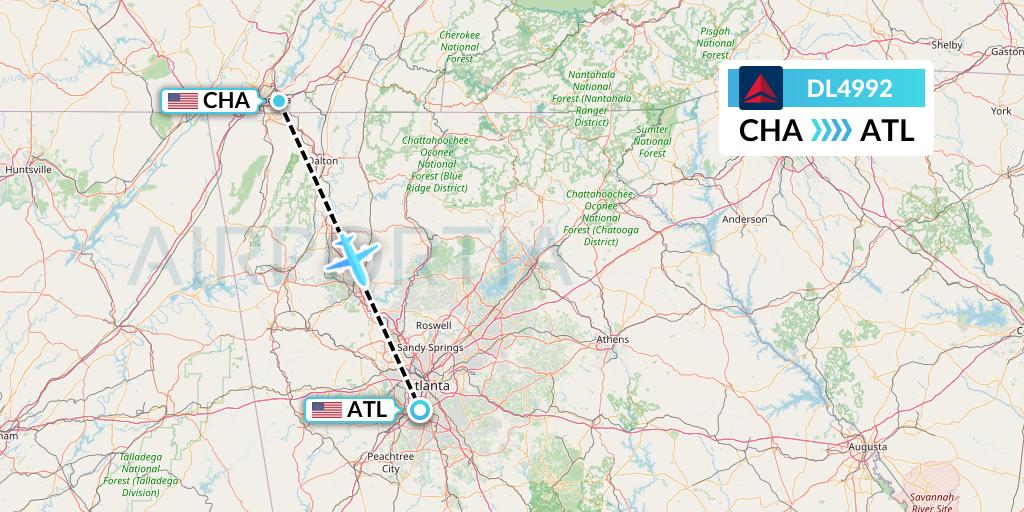 DL4992 Delta Air Lines Flight Map: Chattanooga to Atlanta