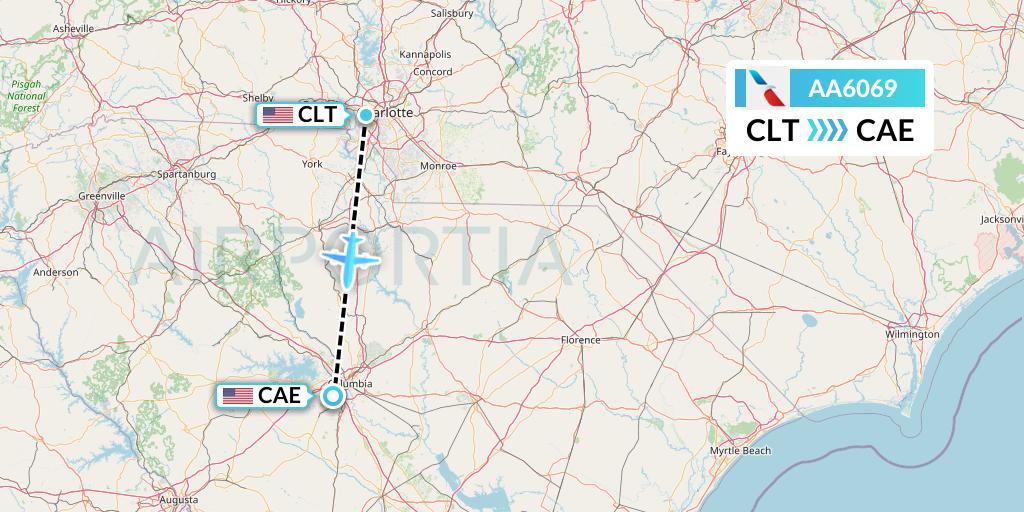 AA6069 American Airlines Flight Map: Charlotte to Columbia