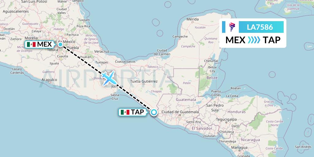 LA7586 LAN Airlines Flight Map: Mexico City to Tapachula