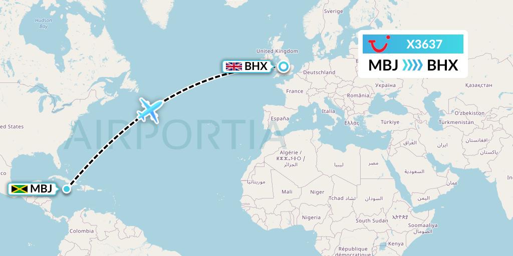 X3637 TUI fly Germany Flight Map: Montego Bay to Birmingham