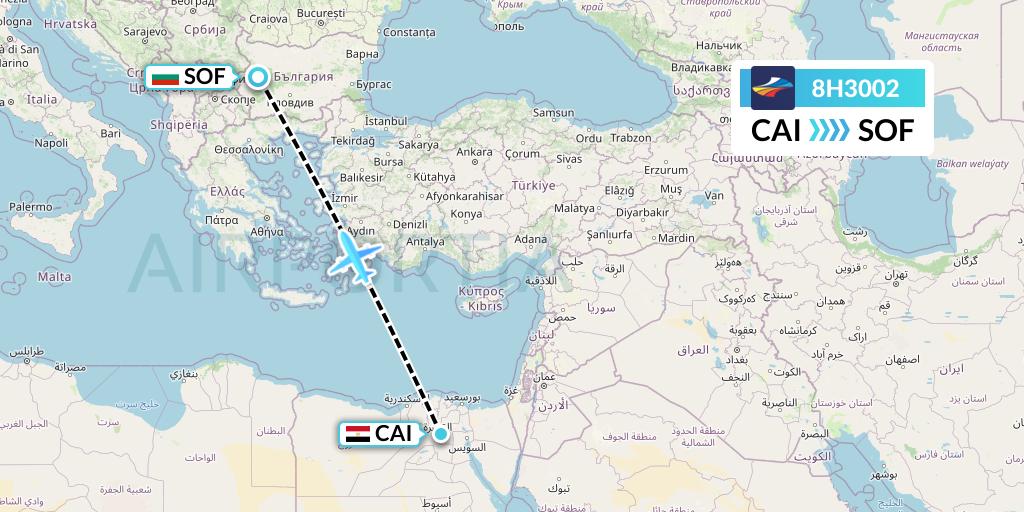 8H3002 BH Air Flight Map: Cairo to Sofia