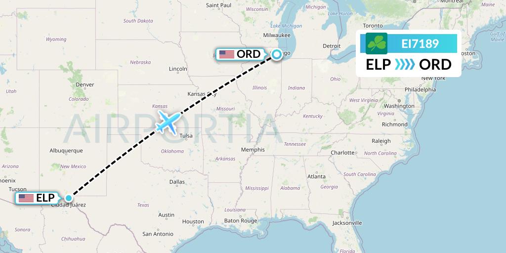 EI7189 Aer Lingus Flight Map: El Paso to Chicago