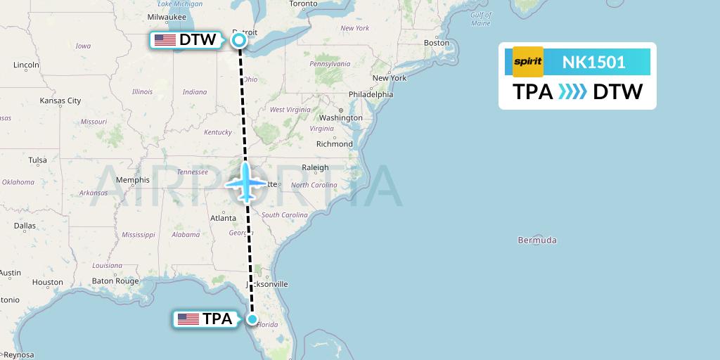 NK1501 Spirit Airlines Flight Map: Tampa to Detroit