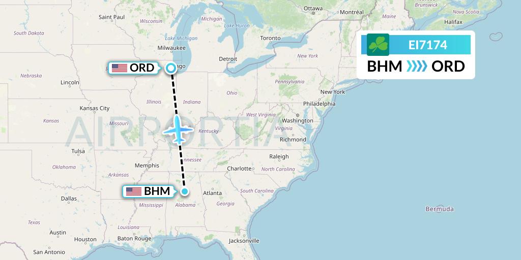 EI7174 Aer Lingus Flight Map: Birmingham to Chicago