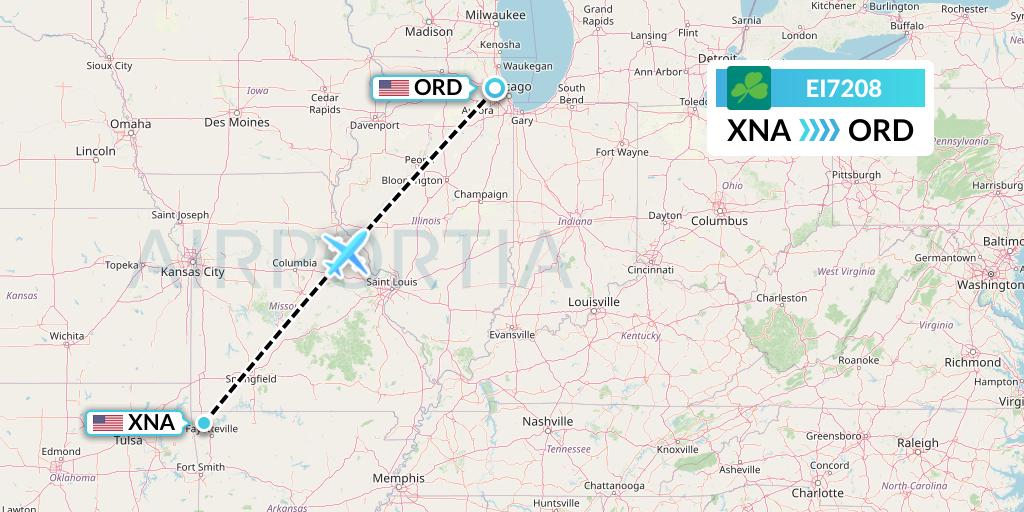 EI7208 Aer Lingus Flight Map: Bentonville to Chicago