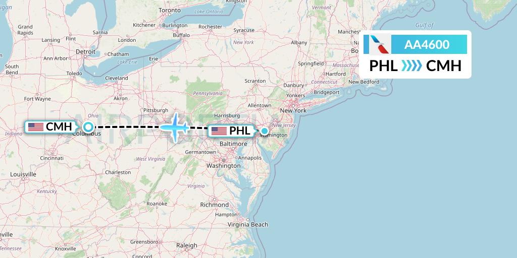 AA4600 American Airlines Flight Map: Philadelphia to Columbus