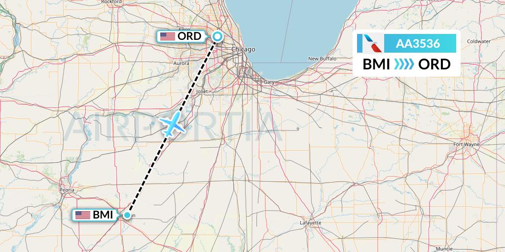 AA3536 American Airlines Flight Map: Bloomington to Chicago