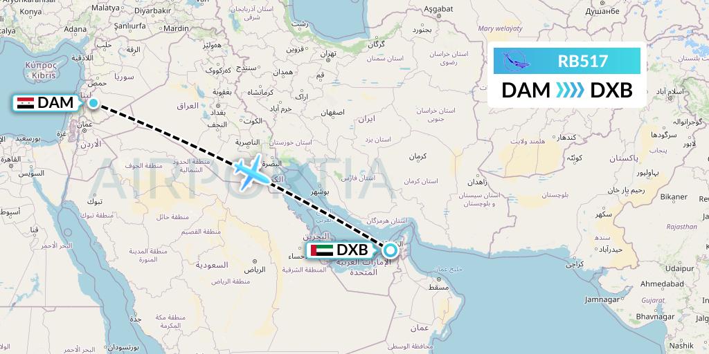 RB517 Syrian Air Flight Map: Damascus to Dubai