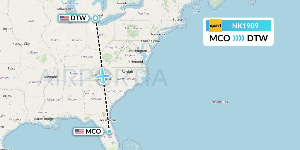 NK1909 Spirit Airlines Flight Map: Orlando to Detroit