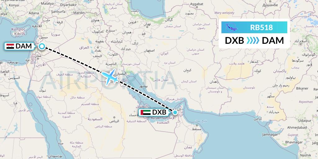 RB518 Syrian Air Flight Map: Dubai to Damascus